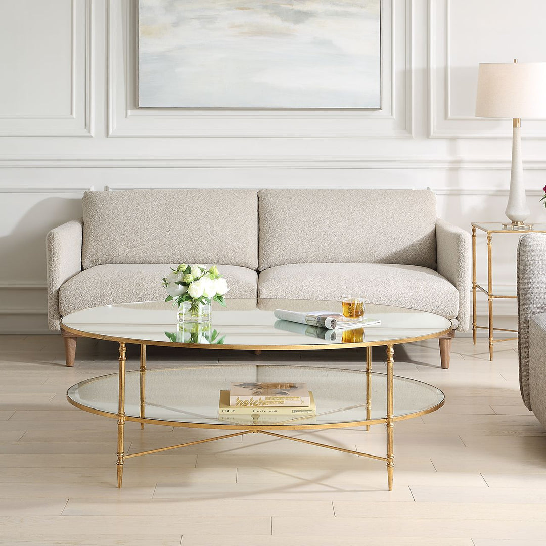 Henzler 93 W x 48 H x 134 D Gold Oval Coffee Table with Mirror Top