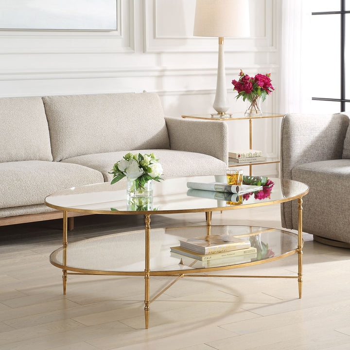 Henzler 93 W x 48 H x 134 D Gold Oval Coffee Table with Mirror Top