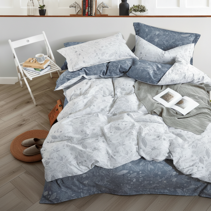 Leaf Pattern White & Blue Bedding Set-KING