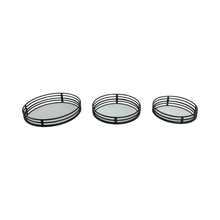 METAL, S/3 14/16/18" ROUND MIRRORED TRAYS, BLACK