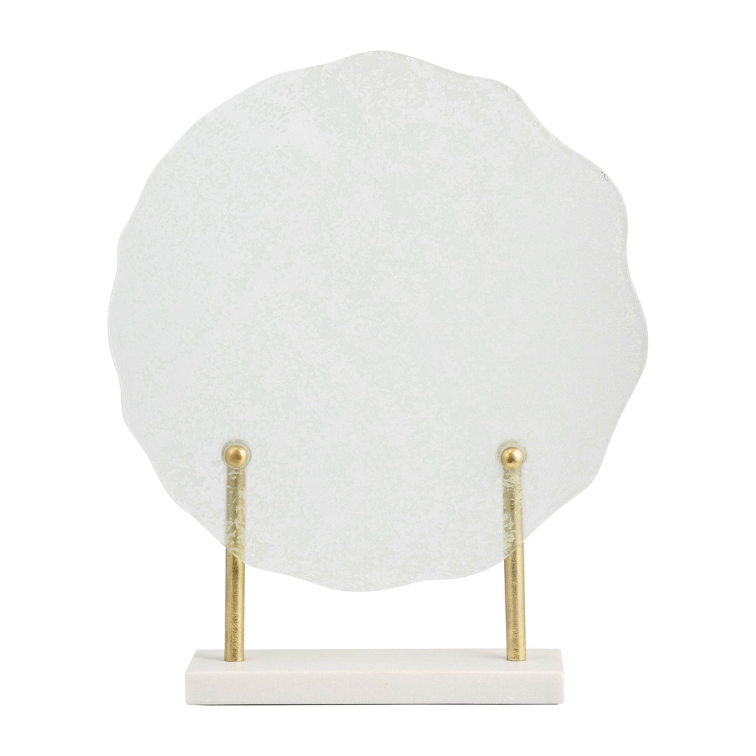METAL,21"H,SPECKLED GLASS DISC ON MARBLE STAND,WHI