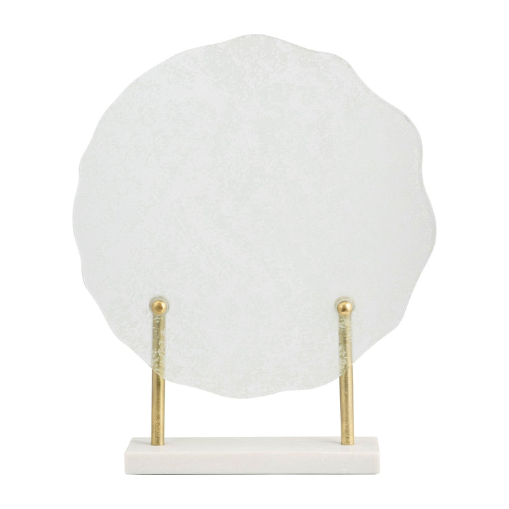 METAL,21"H,SPECKLED GLASS DISC ON MARBLE STAND,WHI