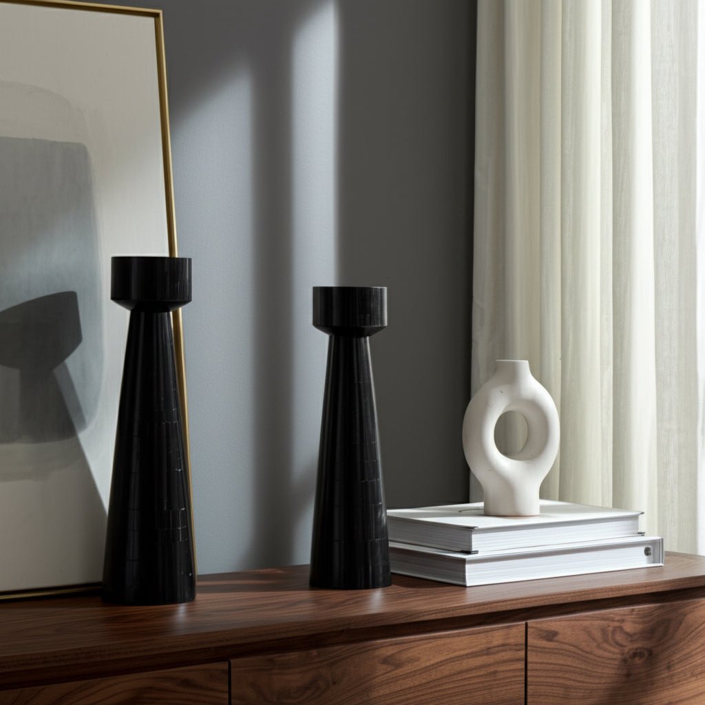 RESIN, 12" PILLAR CANDLEHOLDER, BLACK