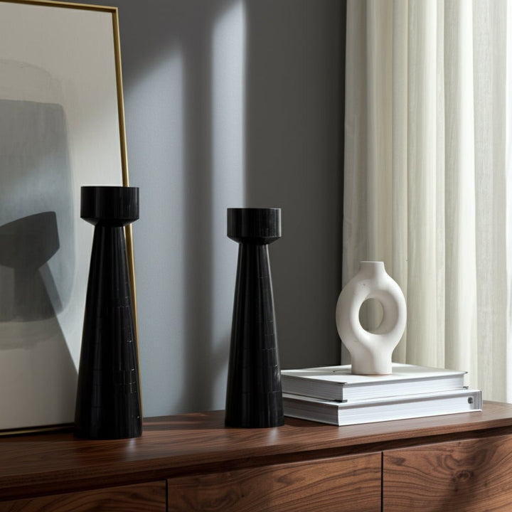 RESIN, 12" PILLAR CANDLEHOLDER, BLACK