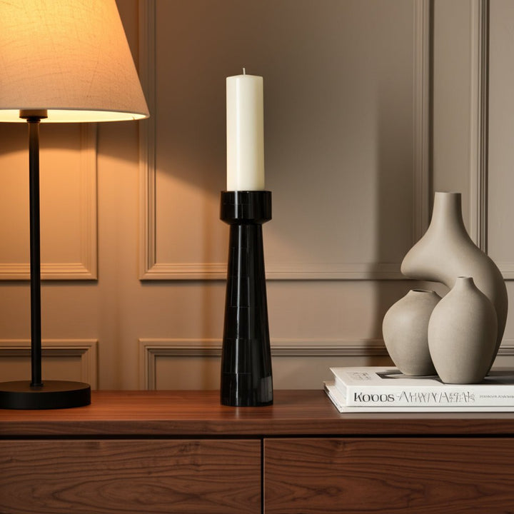 RESIN, 12" PILLAR CANDLEHOLDER, BLACK