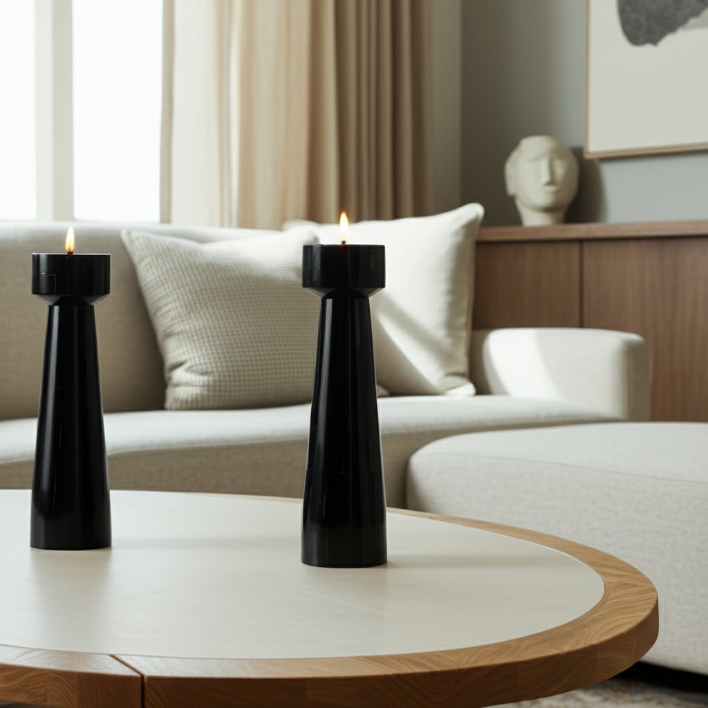 RESIN, 12" PILLAR CANDLEHOLDER, BLACK