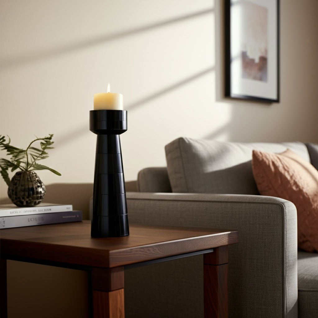 RESIN, 12" PILLAR CANDLEHOLDER, BLACK