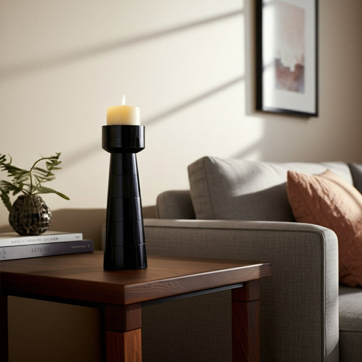 RESIN, 12" PILLAR CANDLEHOLDER, BLACK