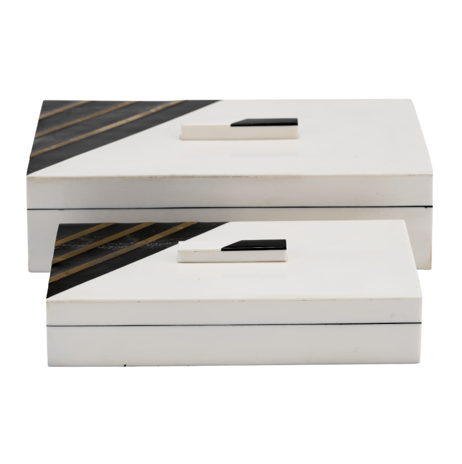 RESIN, S/2 10/12" BOXES W/ KNOB, BLACK/GOLD