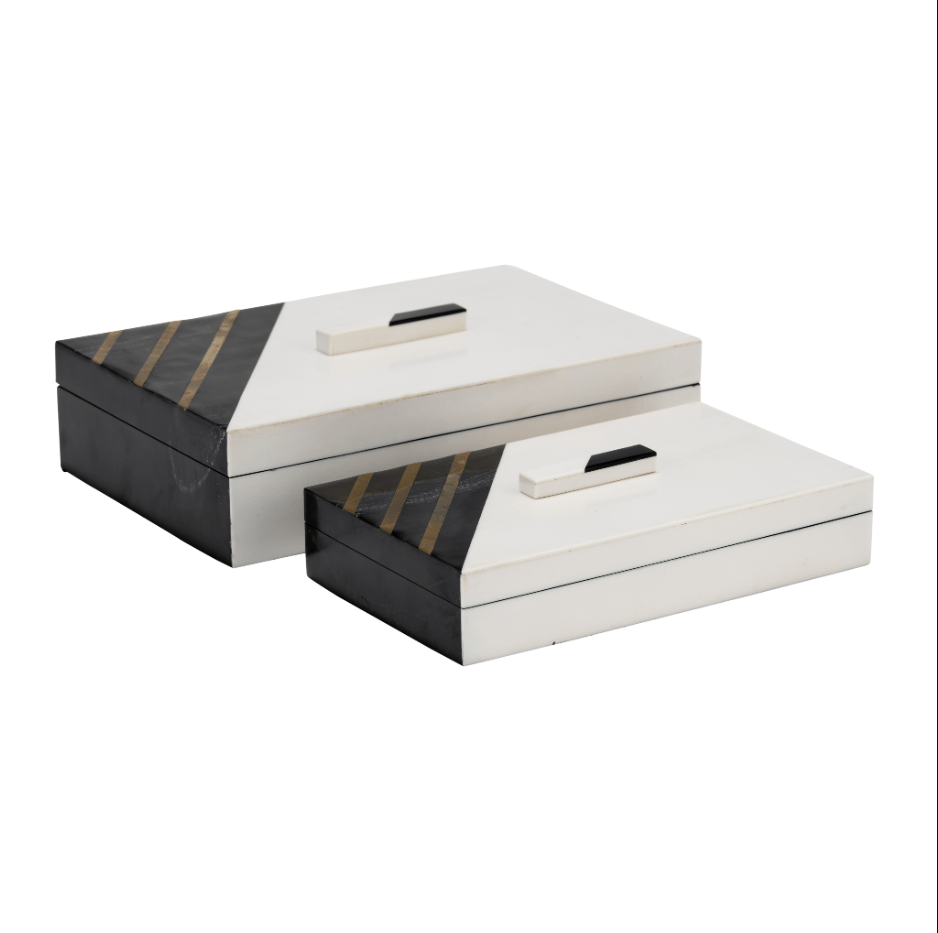 RESIN, S/2 10/12" BOXES W/ KNOB, BLACK/GOLD