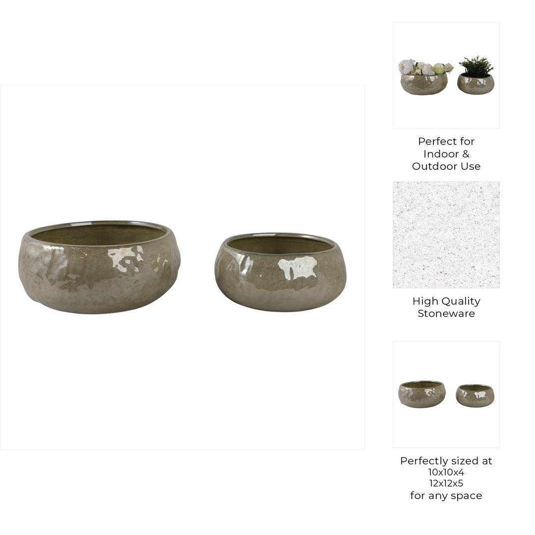 S/2 10/12" IRIDESCENT BOWL PLANTERS, GREEN