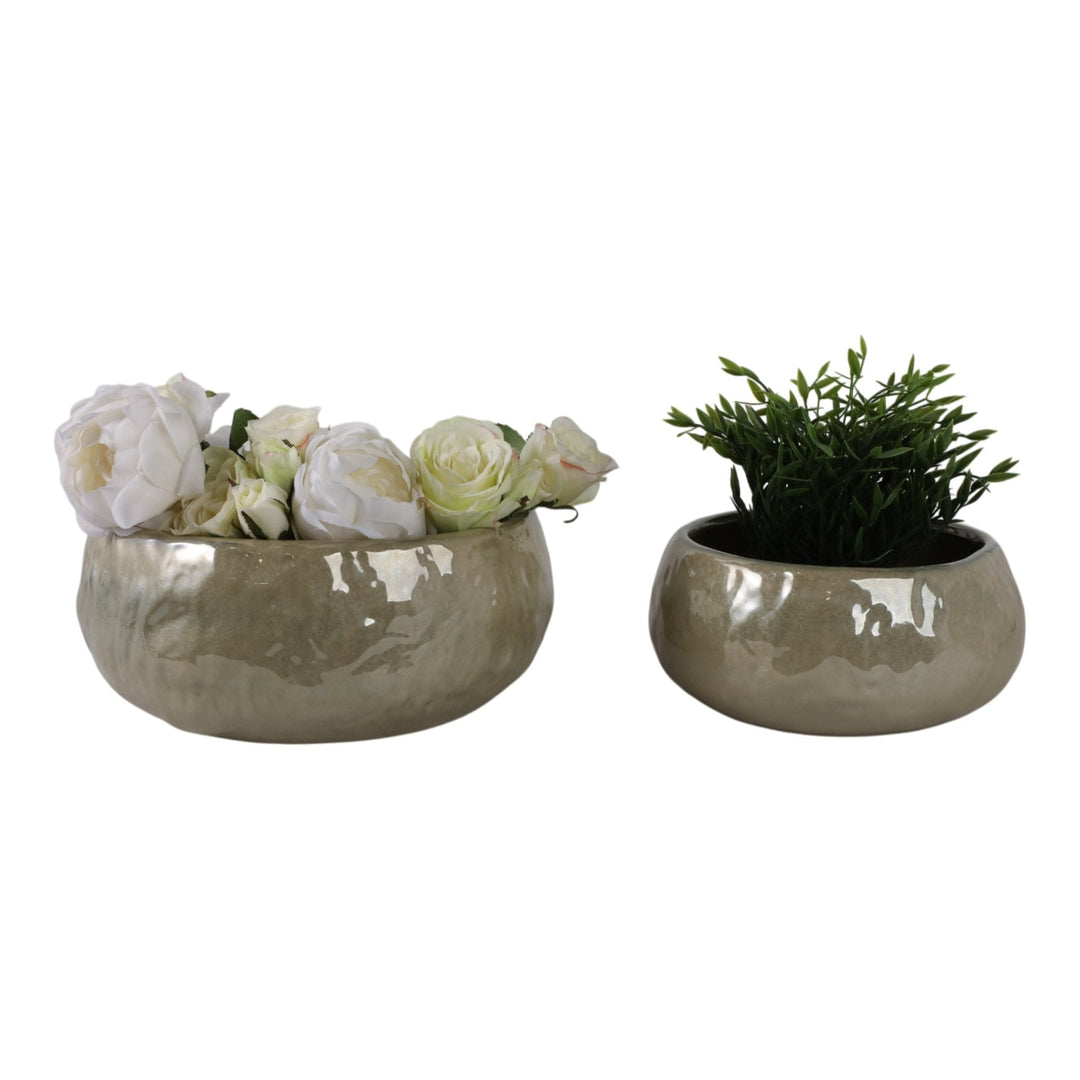 S/2 10/12" IRIDESCENT BOWL PLANTERS, GREEN