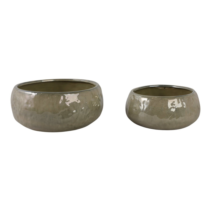S/2 10/12" IRIDESCENT BOWL PLANTERS, GREEN