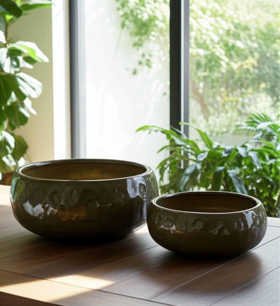 S/2 10/12" IRIDESCENT BOWL PLANTERS, GREEN
