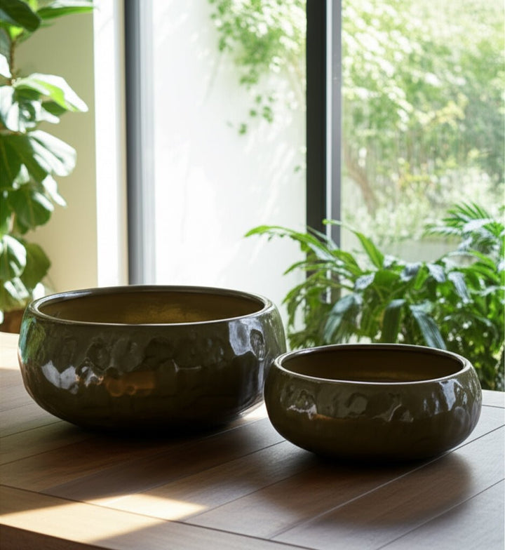 S/2 10/12" IRIDESCENT BOWL PLANTERS, GREEN