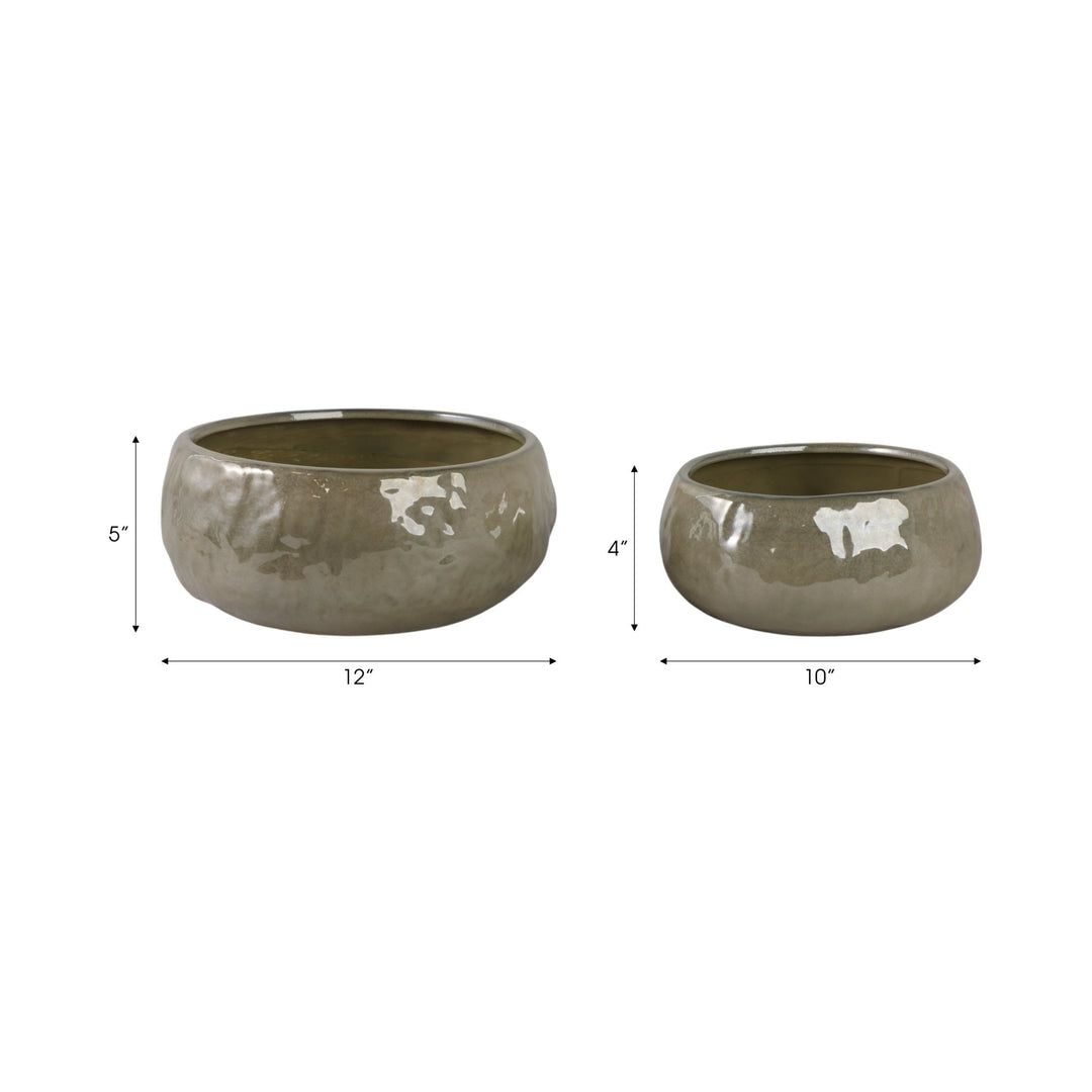 S/2 10/12" IRIDESCENT BOWL PLANTERS, GREEN