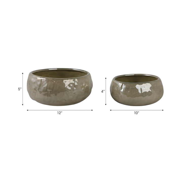S/2 10/12" IRIDESCENT BOWL PLANTERS, GREEN