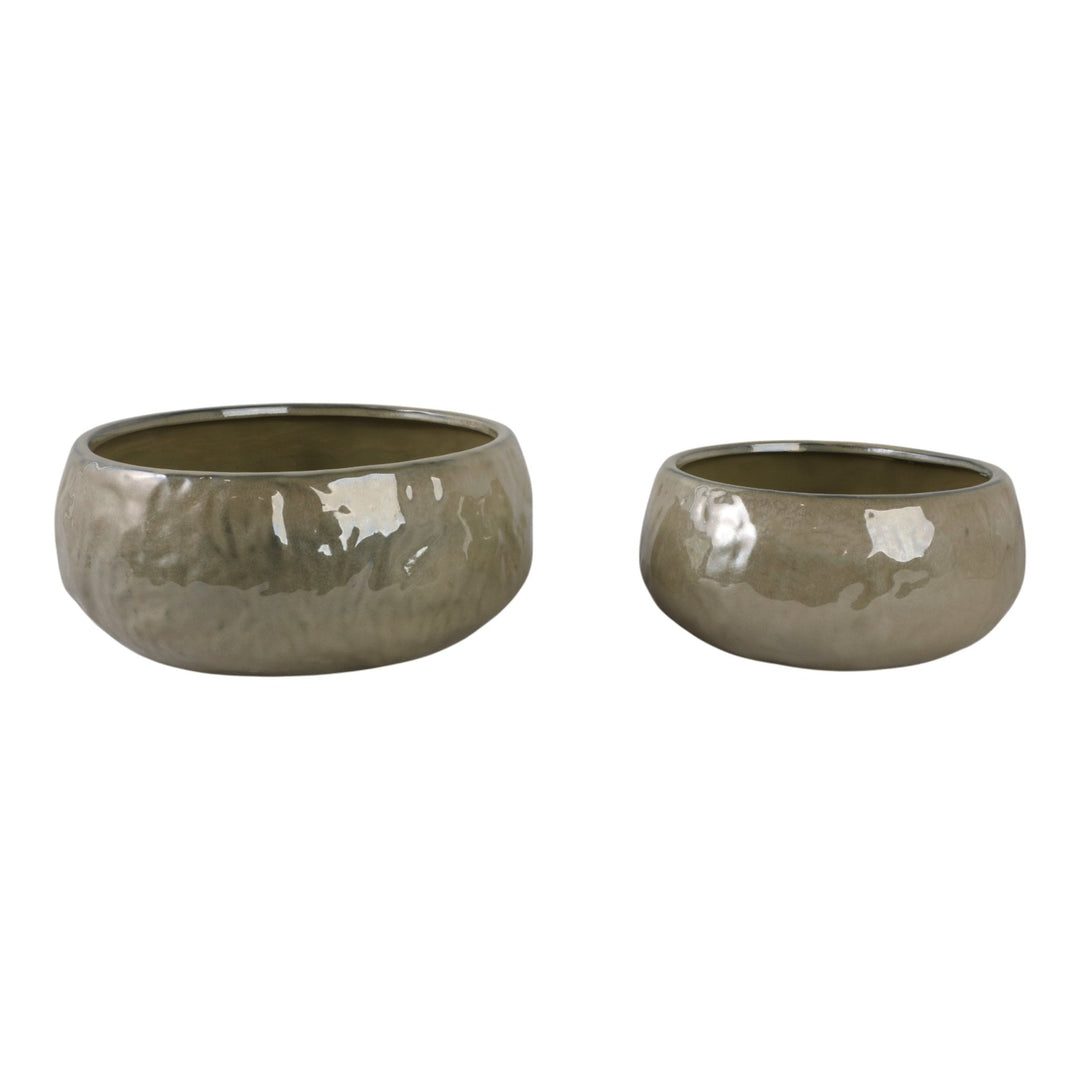 S/2 10/12" IRIDESCENT BOWL PLANTERS, GREEN