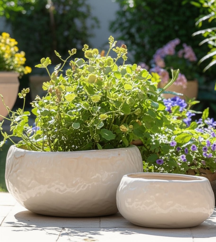S/2 10/12" IRIDESCENT BOWL PLANTERS, WHITE