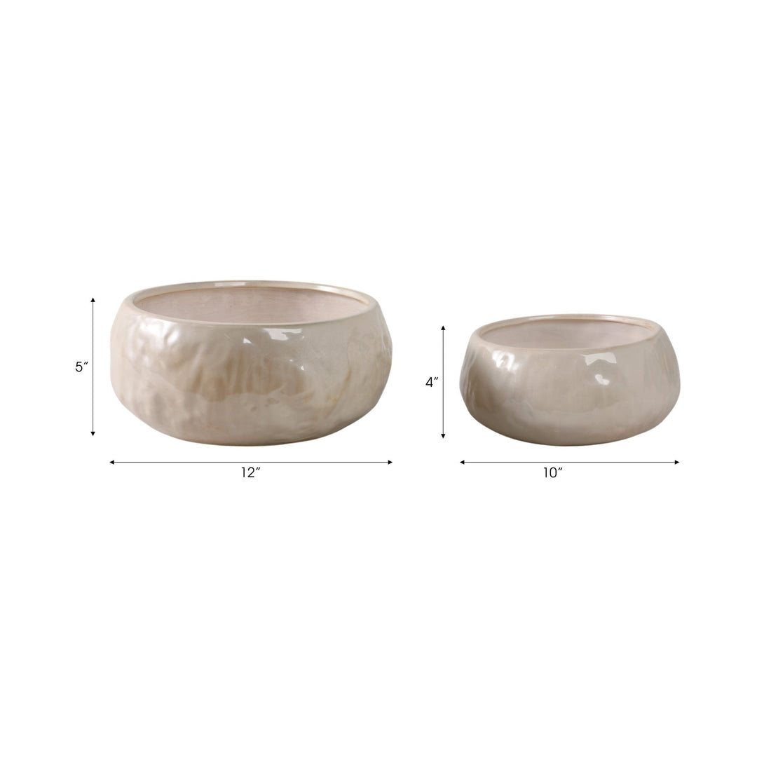 S/2 10/12" IRIDESCENT BOWL PLANTERS, WHITE