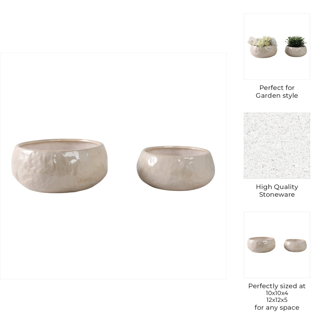 S/2 10/12" IRIDESCENT BOWL PLANTERS, WHITE