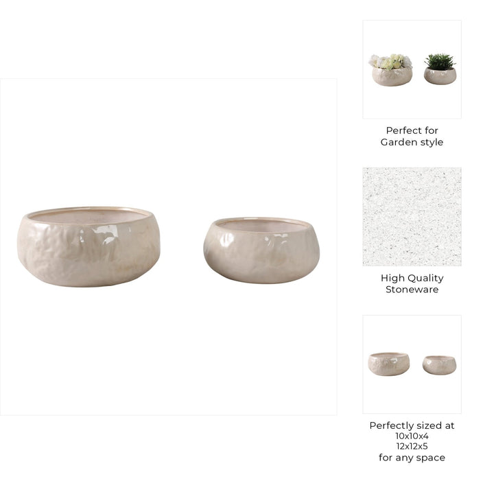 S/2 10/12" IRIDESCENT BOWL PLANTERS, WHITE
