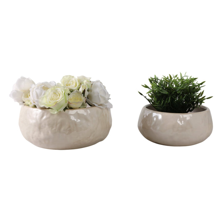 S/2 10/12" IRIDESCENT BOWL PLANTERS, WHITE