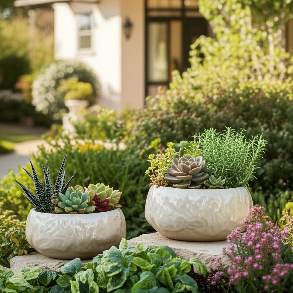 S/2 10/12" IRIDESCENT BOWL PLANTERS, WHITE