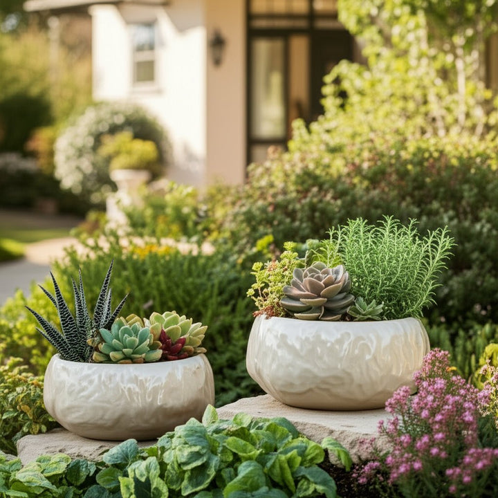 S/2 10/12" IRIDESCENT BOWL PLANTERS, WHITE