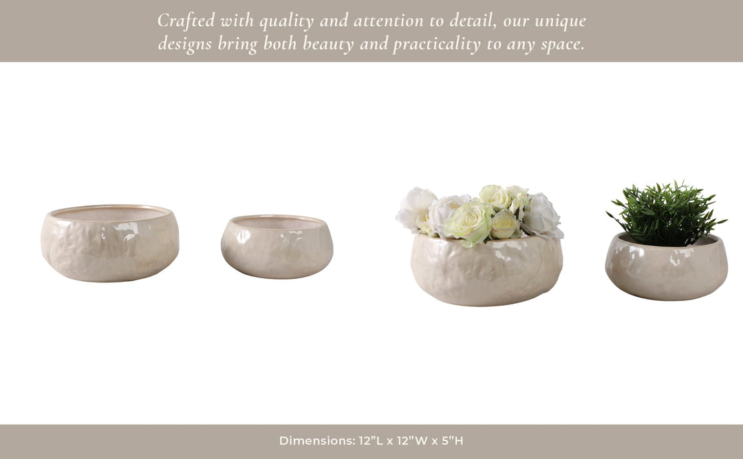 S/2 10/12" IRIDESCENT BOWL PLANTERS, WHITE