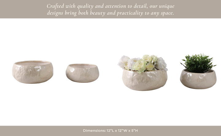 S/2 10/12" IRIDESCENT BOWL PLANTERS, WHITE