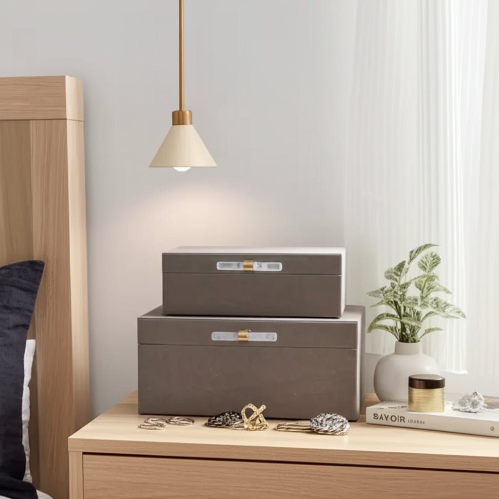 S/2 12/14"AVEA GRAY SUEDE/MOONSTONE HARDWARE BOXES