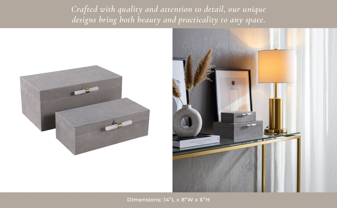 S/2 12/14"AVEA GRAY SUEDE/MOONSTONE HARDWARE BOXES