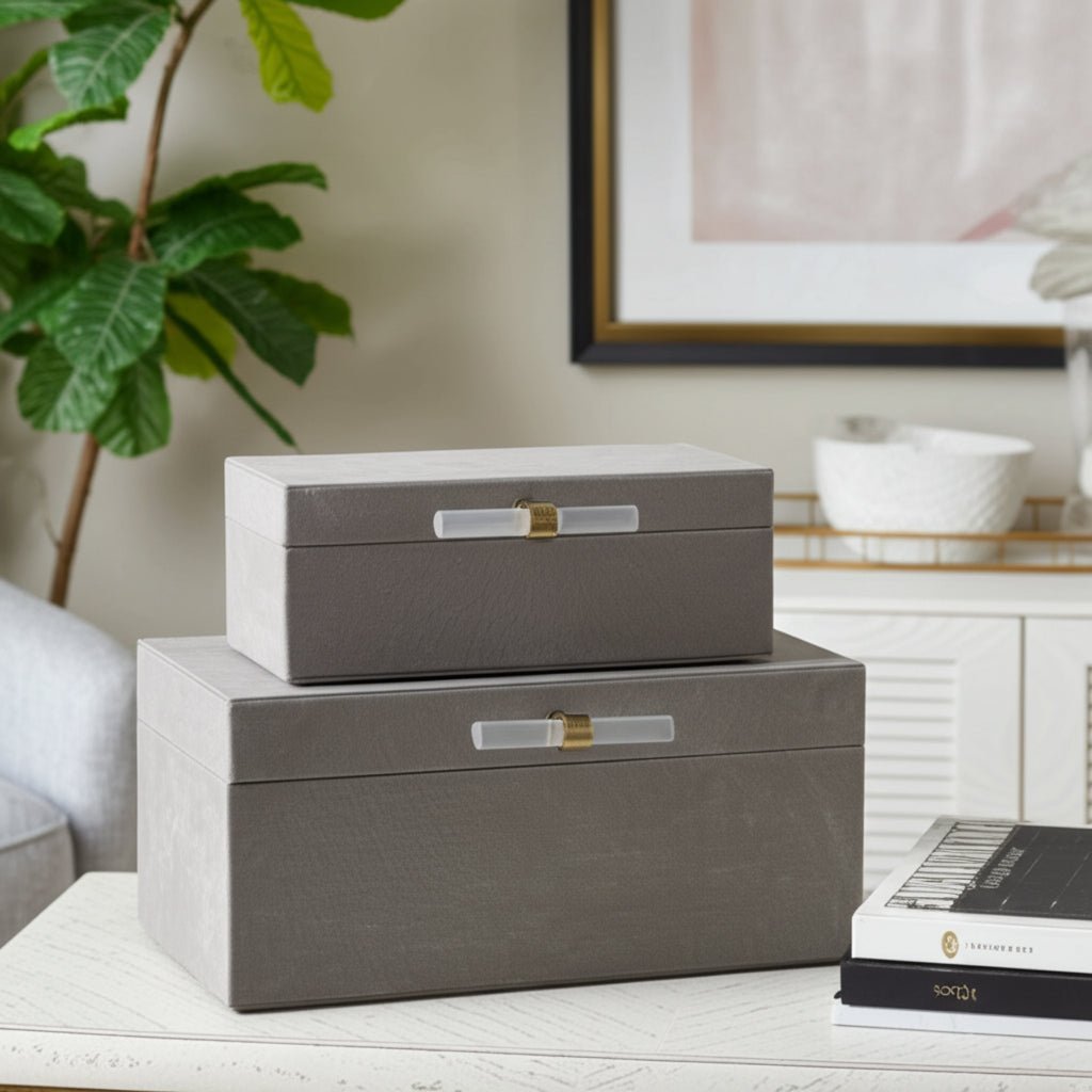 S/2 12/14"AVEA GRAY SUEDE/MOONSTONE HARDWARE BOXES
