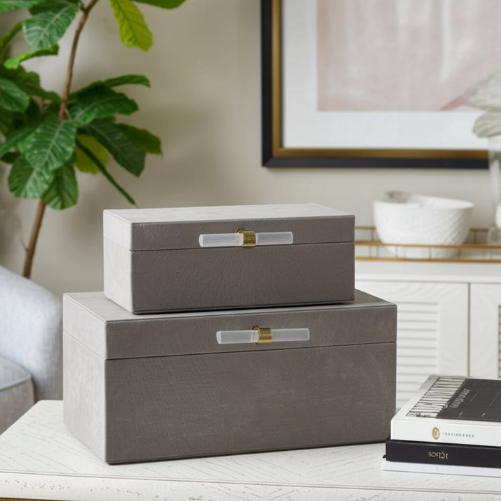 S/2 12/14"AVEA GRAY SUEDE/MOONSTONE HARDWARE BOXES