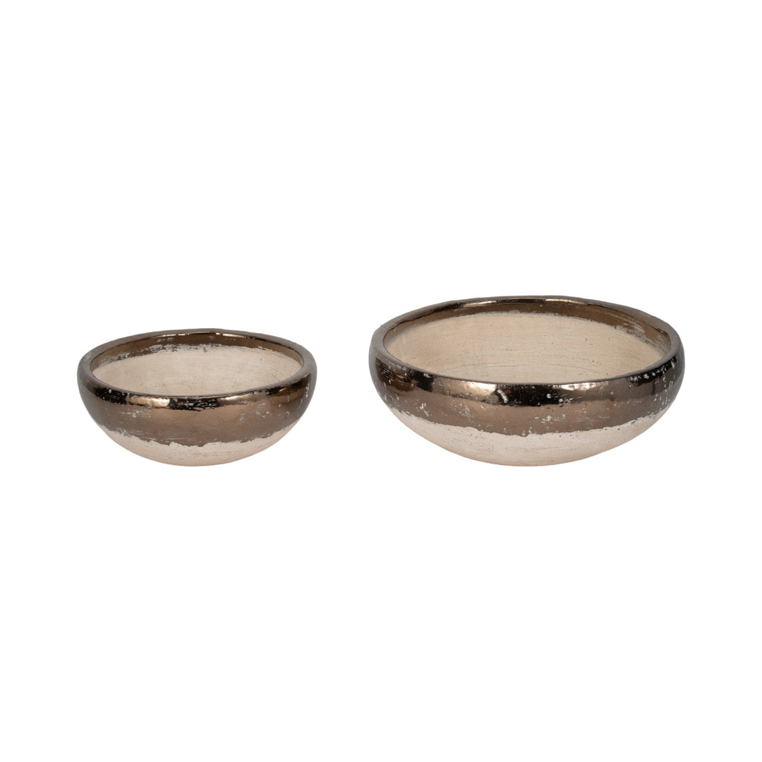 S/2 12/15" Gold Rim Terracotta Bowls, Grey