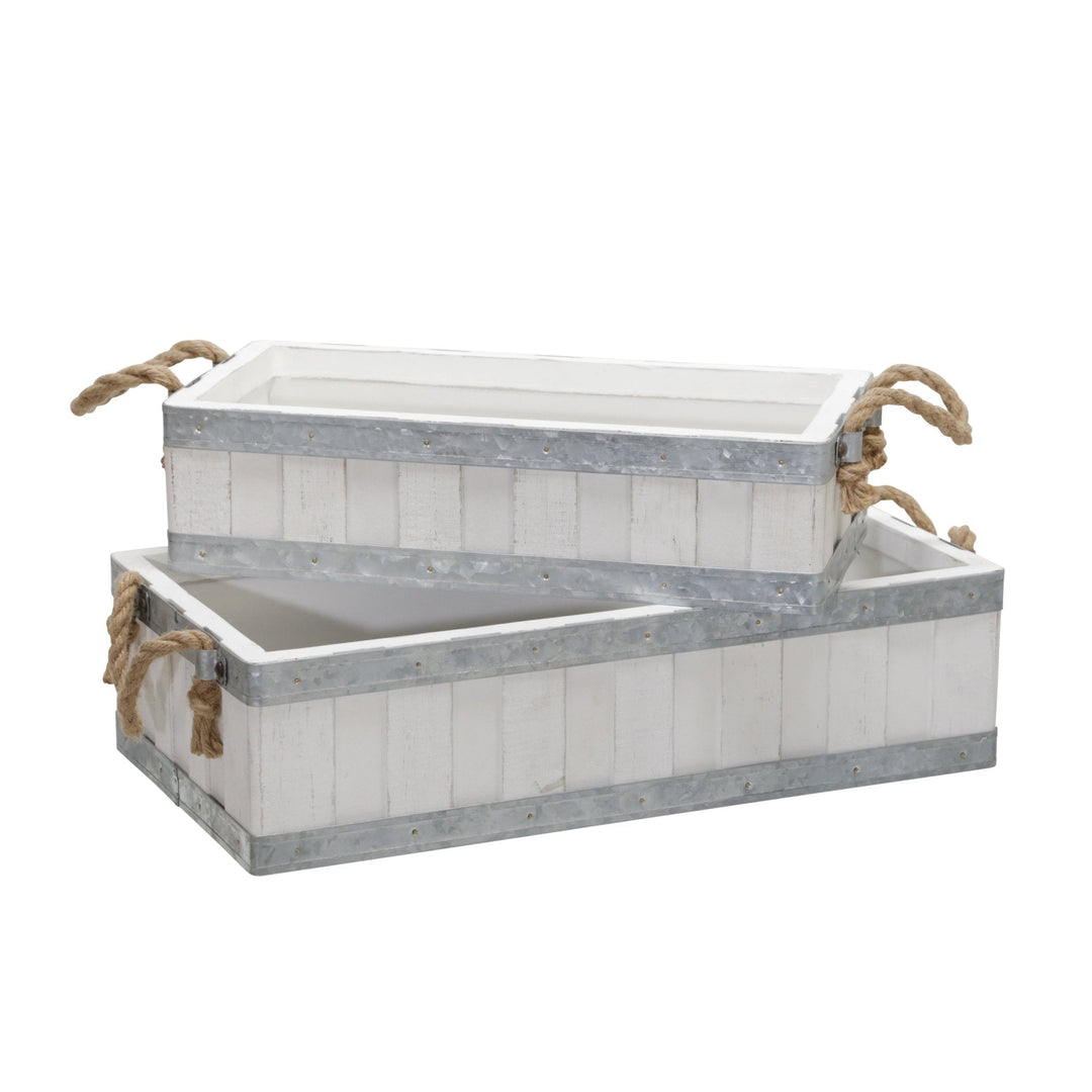 S/2 16/19" WOODEN TRAYS W/ ROPE HANDLES, WHITE