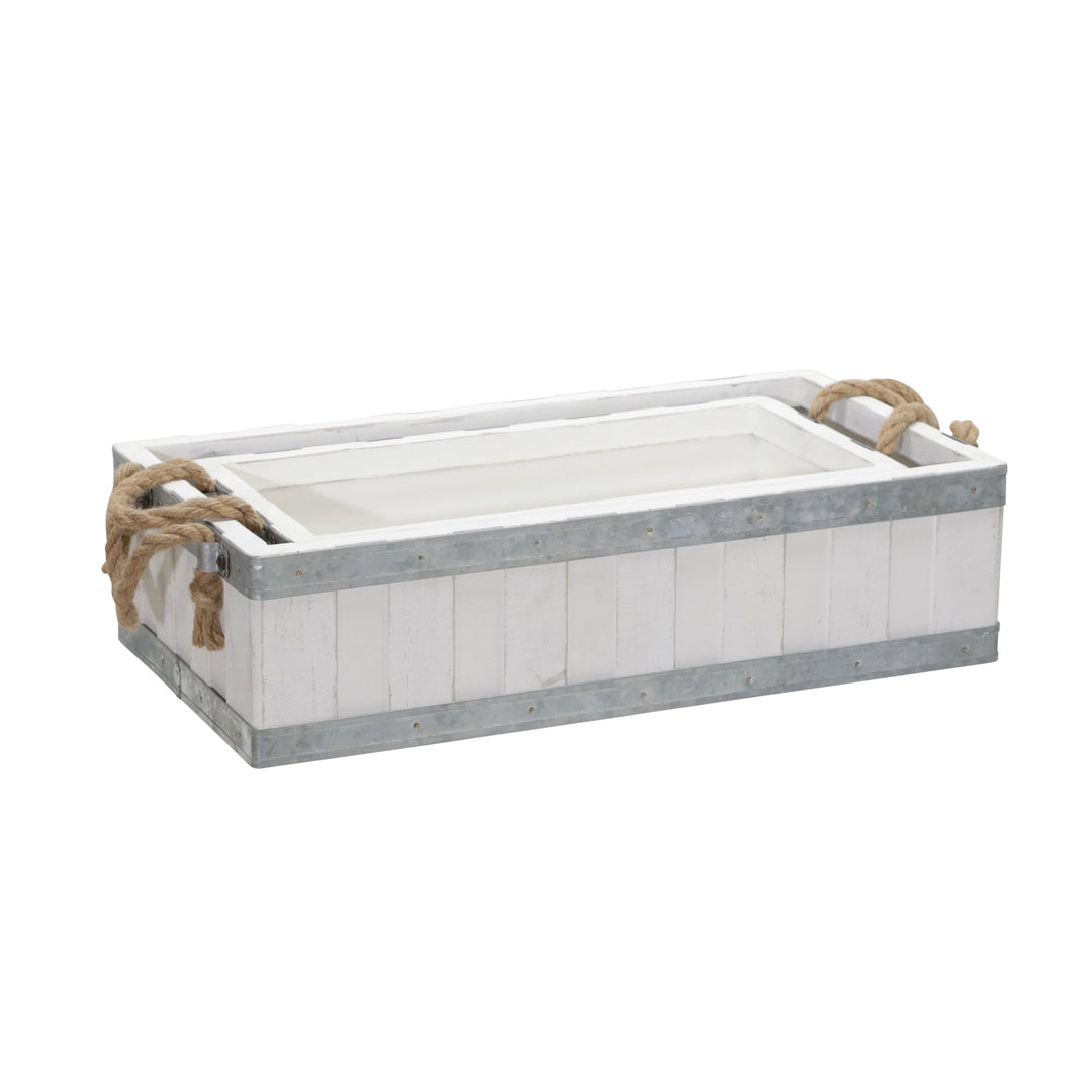 S/2 16/19" WOODEN TRAYS W/ ROPE HANDLES, WHITE