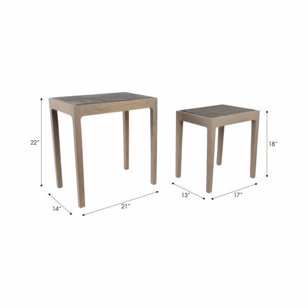 S/2 18/22" CARVER TRAVERTINE AND WOOD ACCENT TABLE