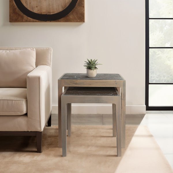 S/2 18/22" CARVER TRAVERTINE AND WOOD ACCENT TABLE