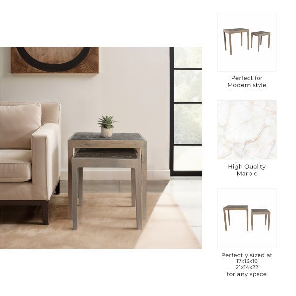 S/2 18/22" CARVER TRAVERTINE AND WOOD ACCENT TABLE