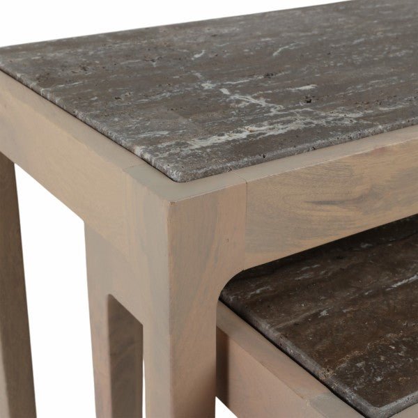 S/2 18/22" CARVER TRAVERTINE AND WOOD ACCENT TABLE