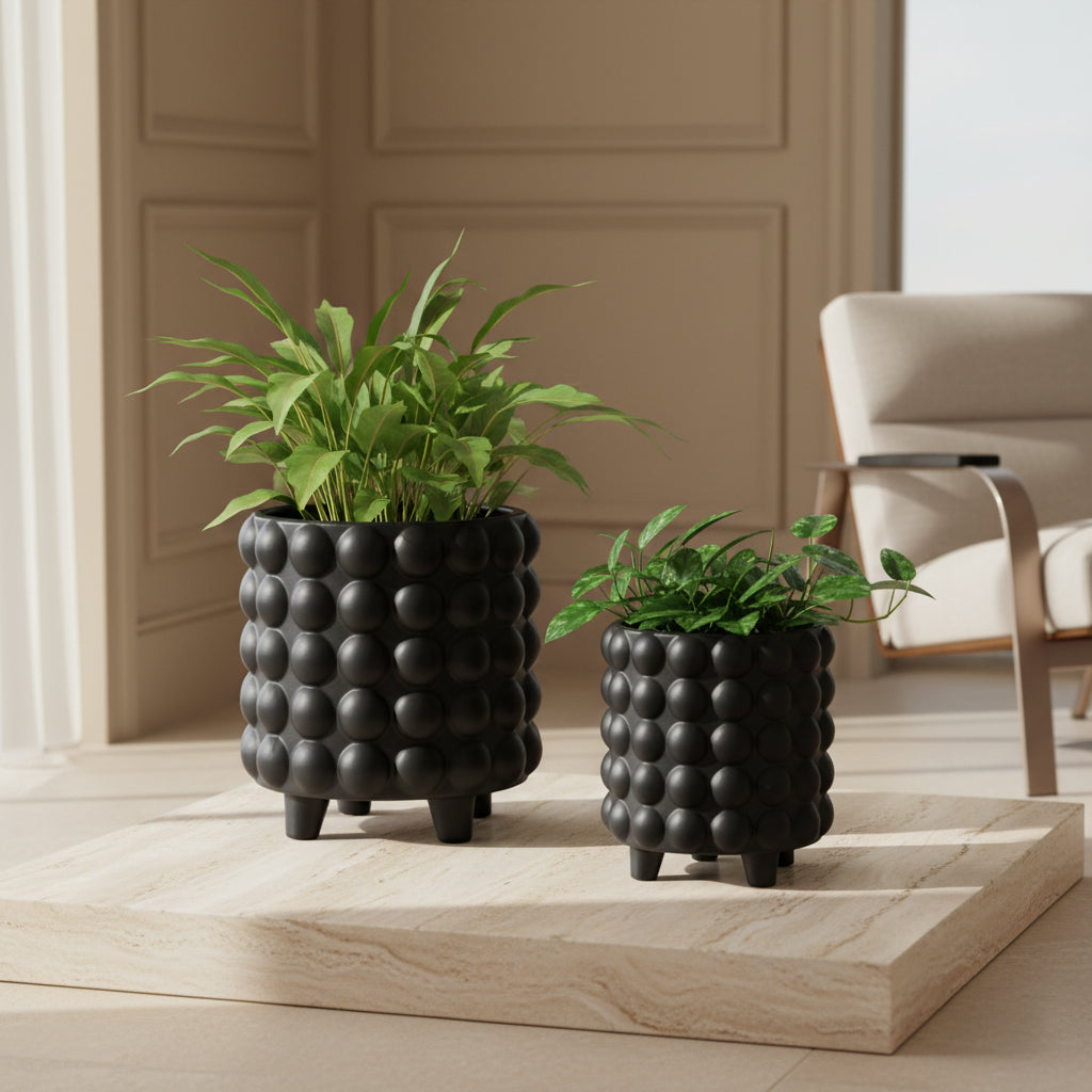 S/2 6/8" BUBBLE PLANTERS, MATTE BLACK