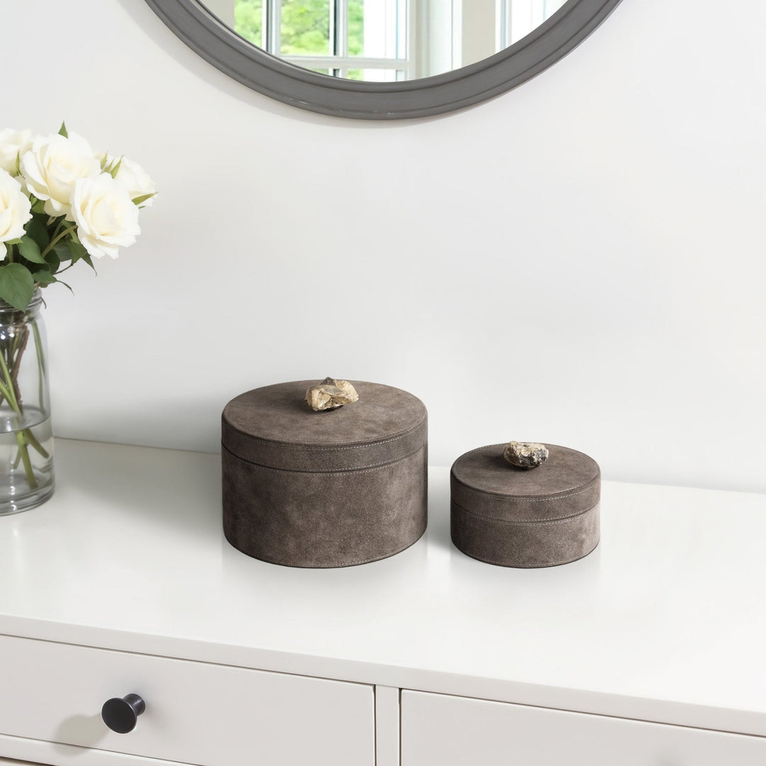 S/2 6/8" Harare Suede Boxes W/stone Knob, Gray