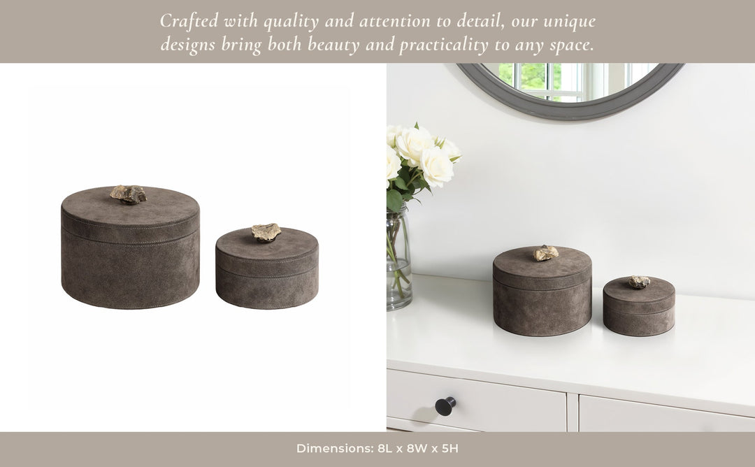 S/2 6/8" Harare Suede Boxes W/stone Knob, Gray