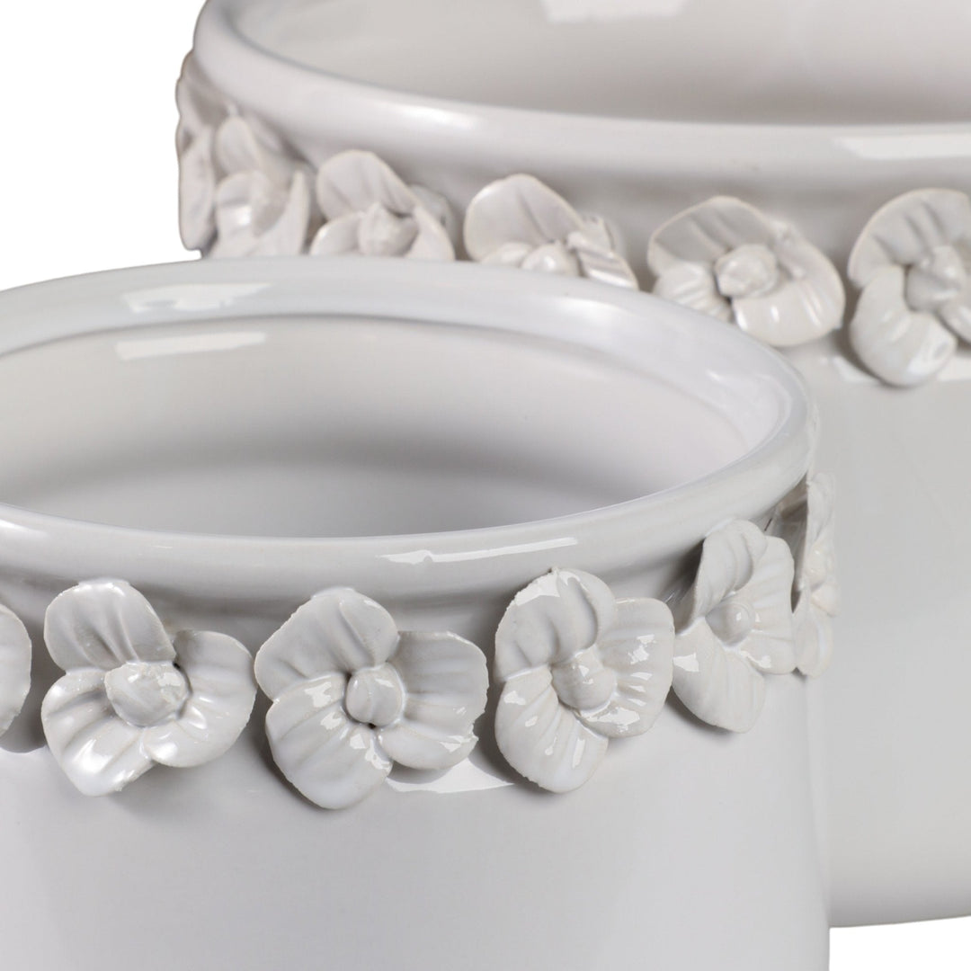 S/2 7/10" FLORAL APPLIQUE PLANTER, WHITE