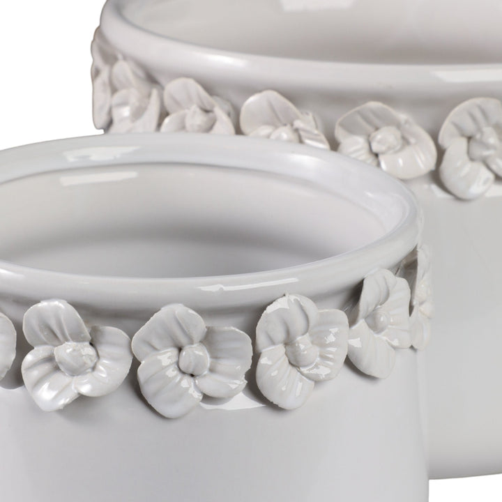 S/2 7/10" FLORAL APPLIQUE PLANTER, WHITE