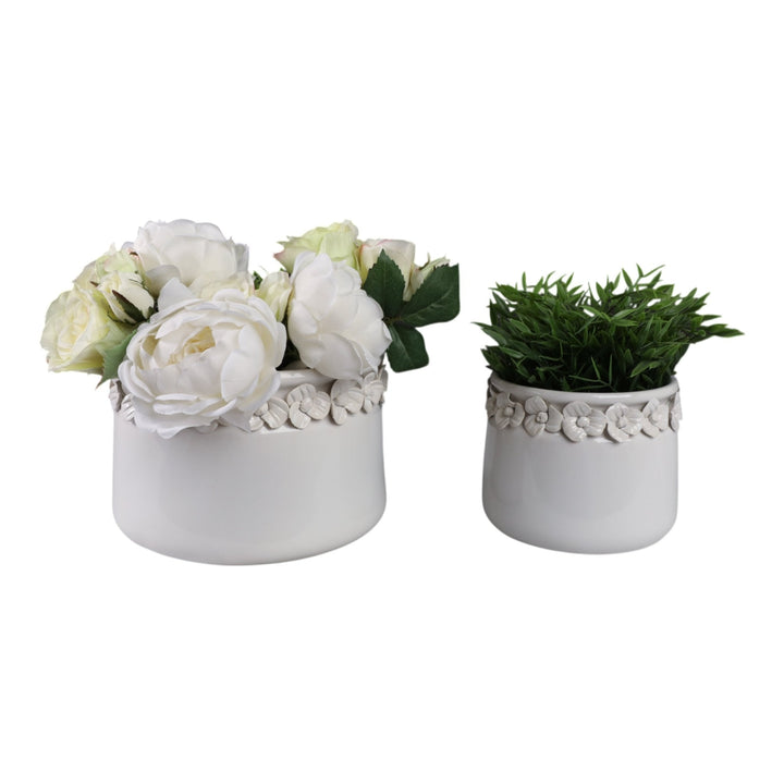 S/2 7/10" FLORAL APPLIQUE PLANTER, WHITE