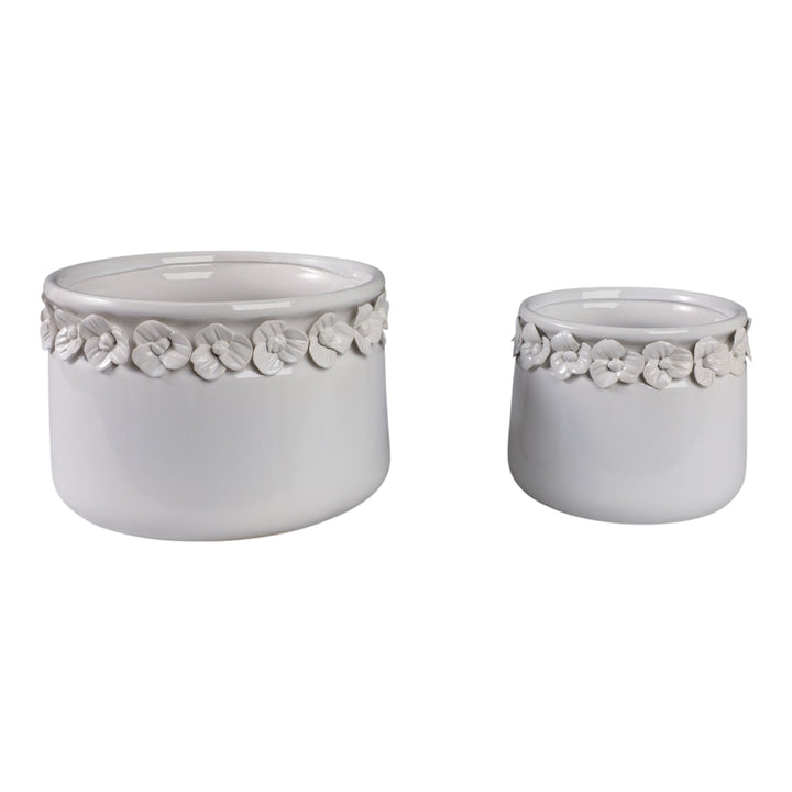 S/2 7/10" FLORAL APPLIQUE PLANTER, WHITE