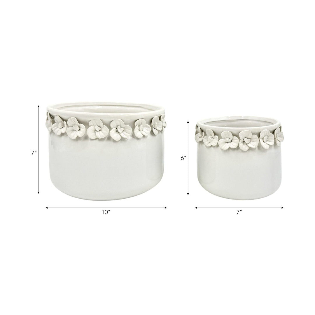 S/2 7/10" FLORAL APPLIQUE PLANTER, WHITE